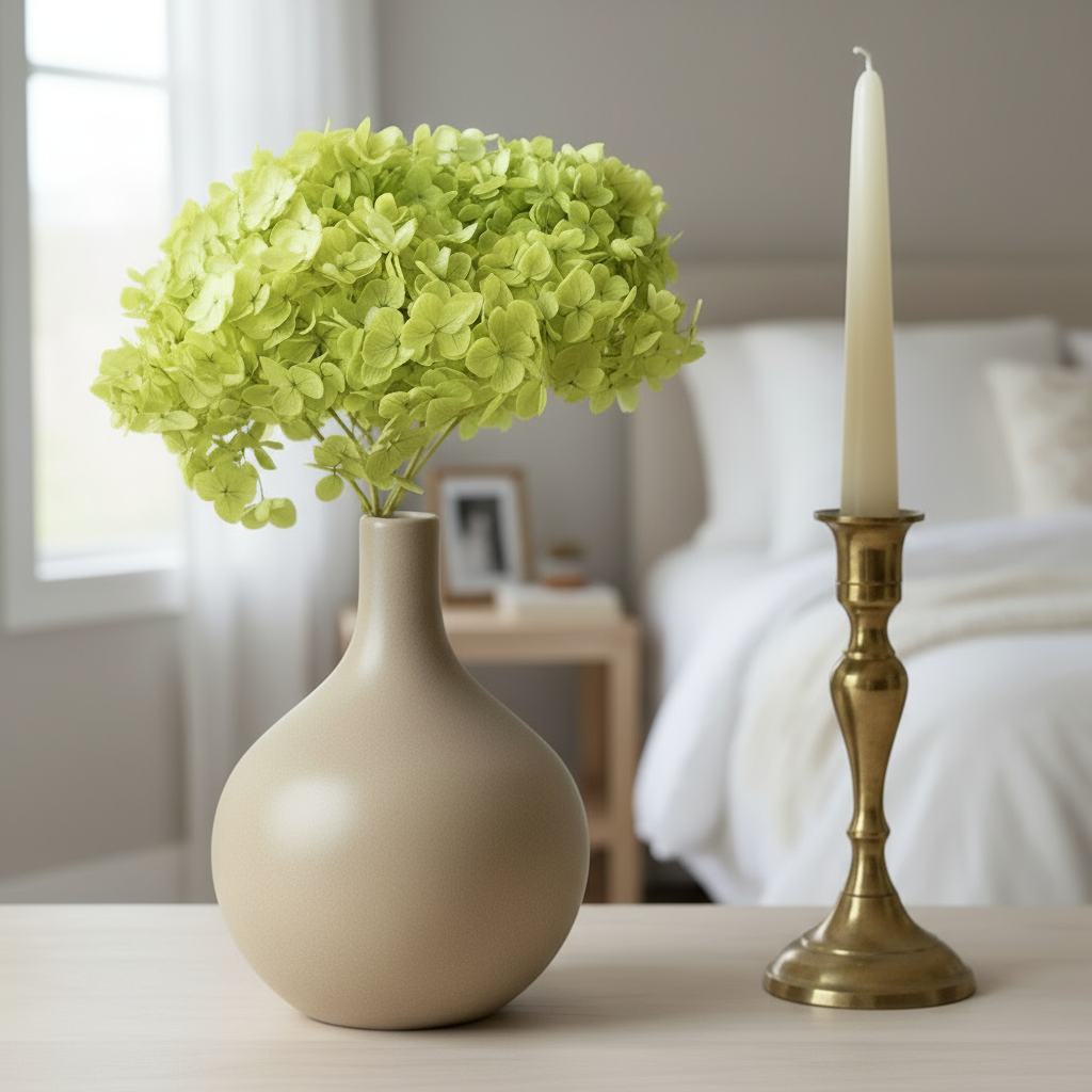 Hortensia vert citron dans vase beige en chambre