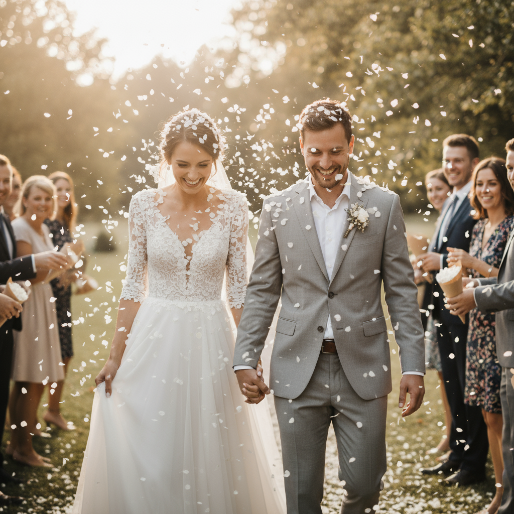 Pétales d'hortensia jetés sur les mariés