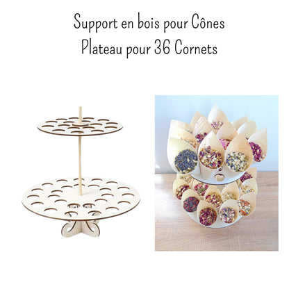 Support en bois pour cornet à confettis de fleurs séchées - Présentoir plateau de confettis de mariage pour 36 cônes