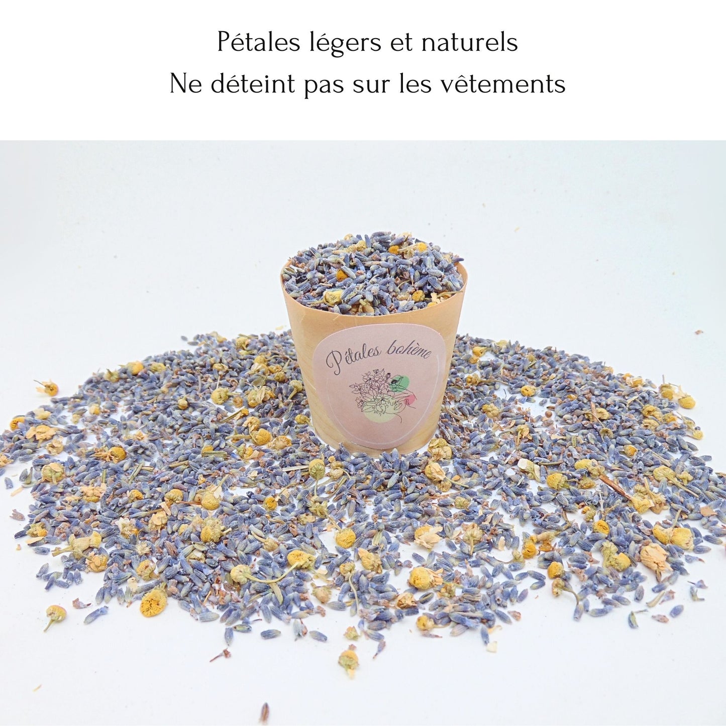 Confettis de mariage lavande bleu et jaune camomille