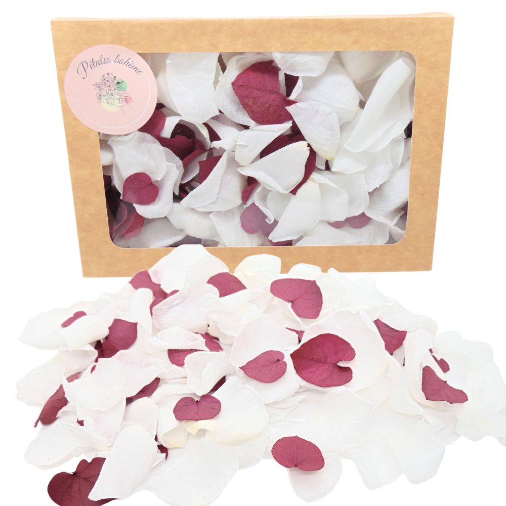 Pétales de Roses blanches éternelle feuille d'Eucalyptus bordeaux