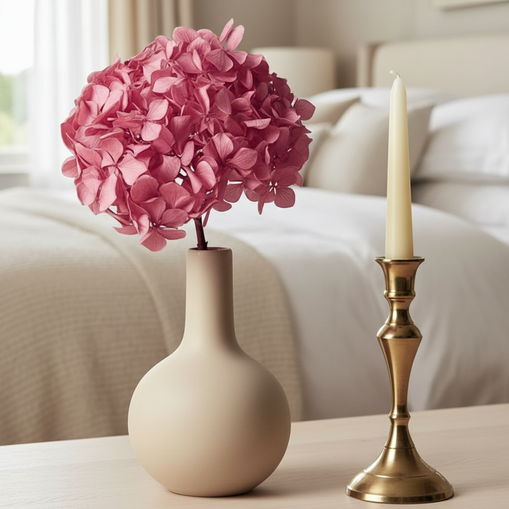 Hortensia rose dans vase beige en chambre