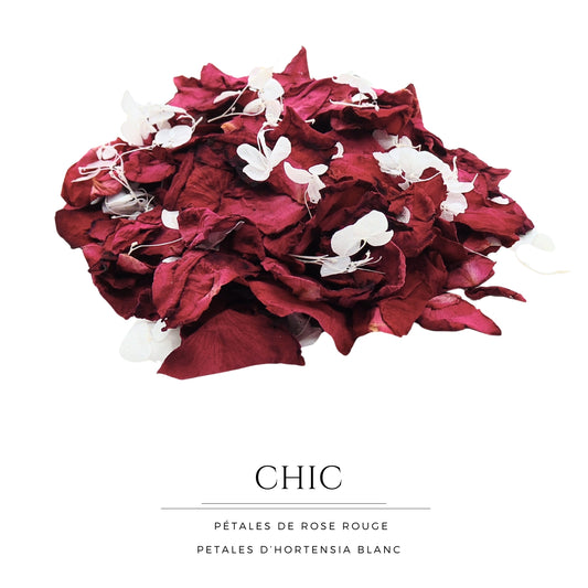 Chic - Pétales de roses rouge et Hortensia blanc